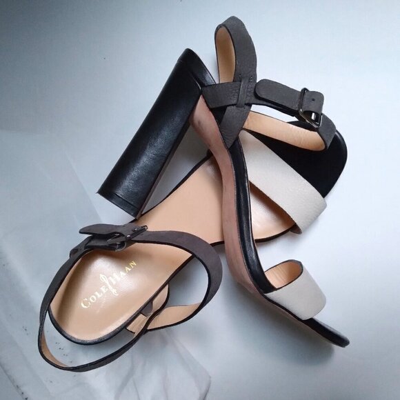 Cole Haan 'Minetta' Black White & Grey Leather Block Heeled  Sandals  Sz 8.5 - Picture 1 of 8